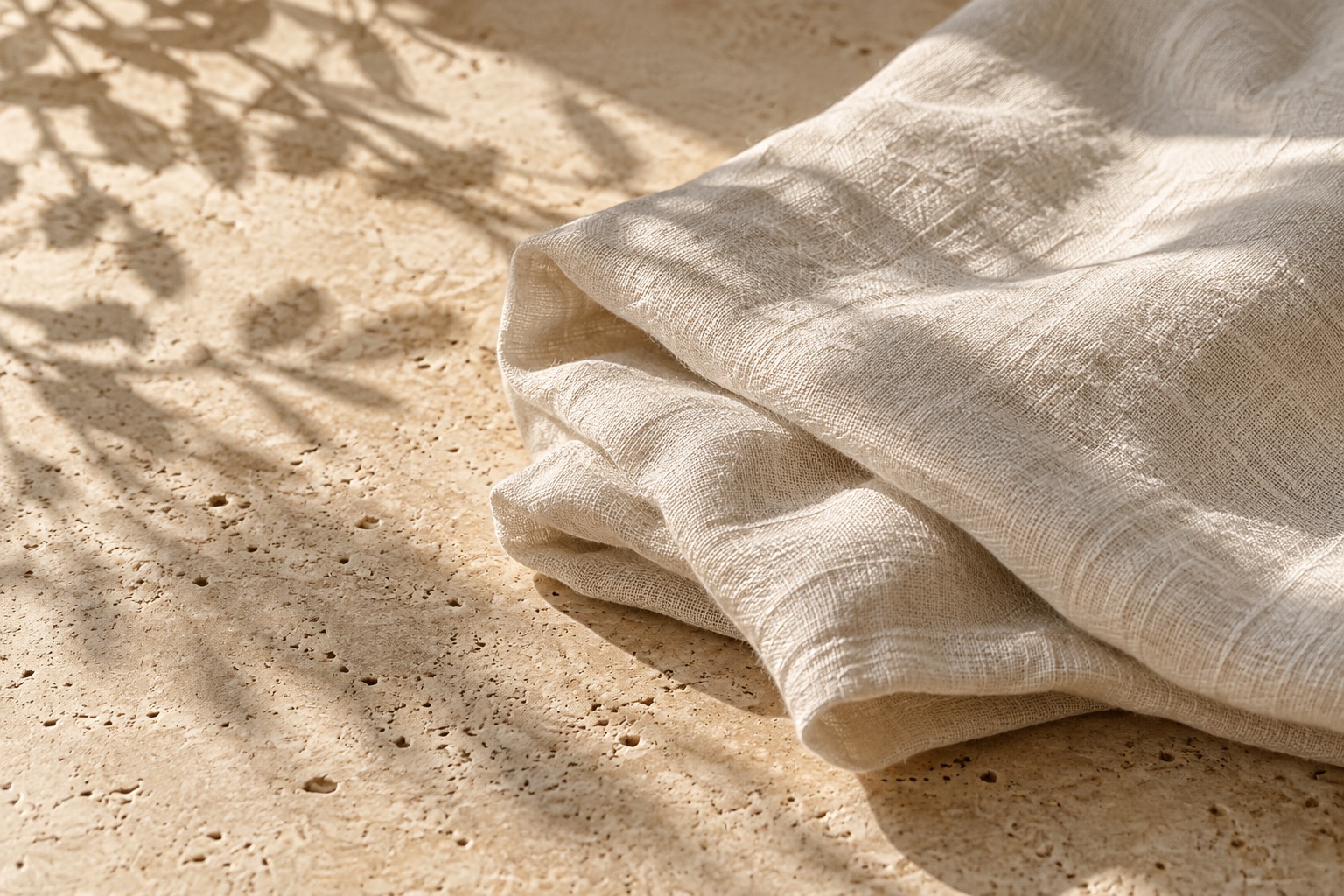 Ivory linen in warm sunlight with soft botanical shadows